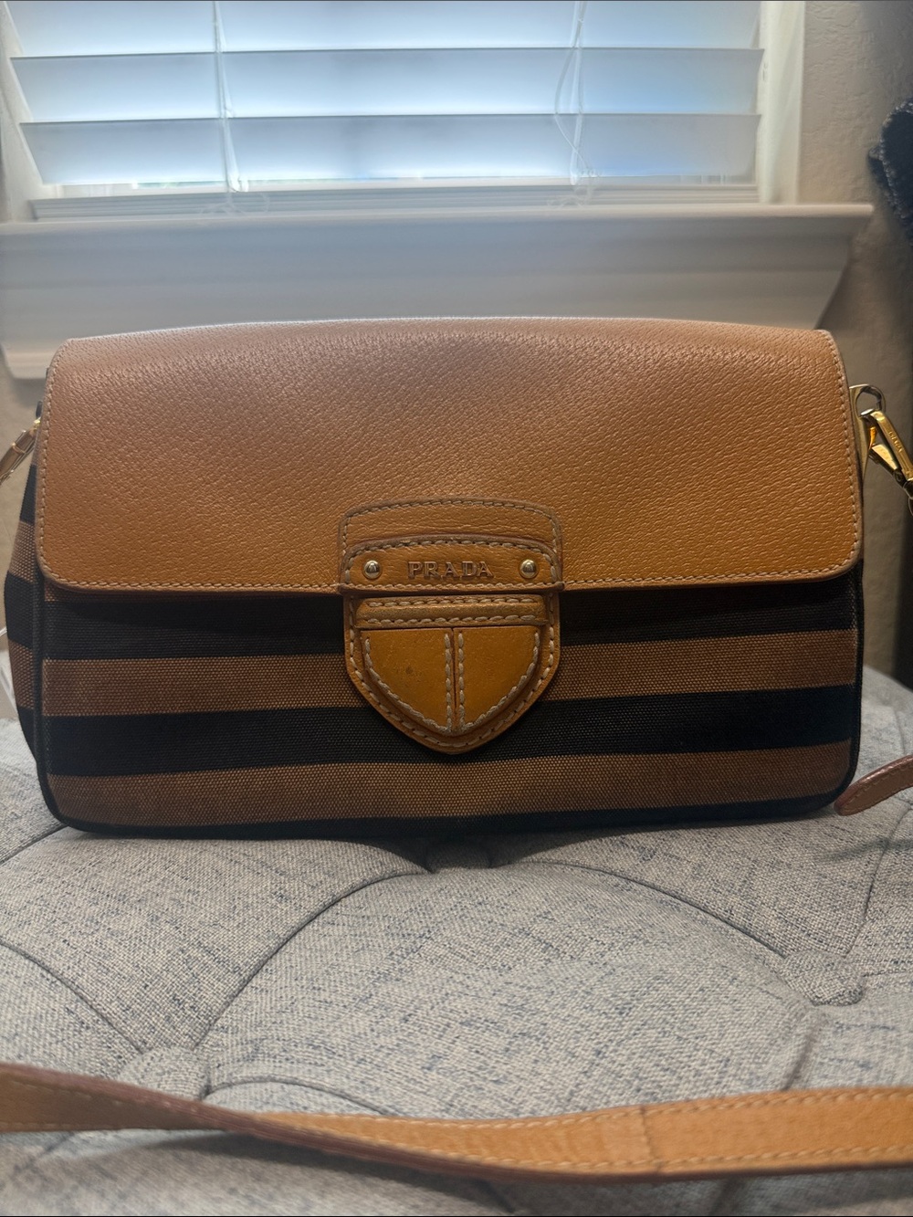 Prada Brown and Black Striped Leather-Trim crossbody Bag